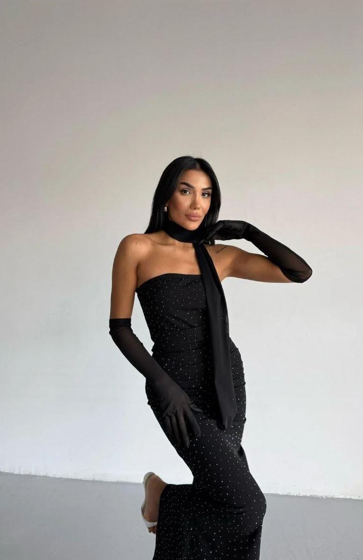 Eldivenli Straplez Şık Elbise THESVELTECHIC