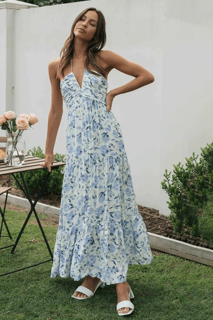 Sue Çiçek Baskılı Halter Yaka Uzun Sundress Siaora