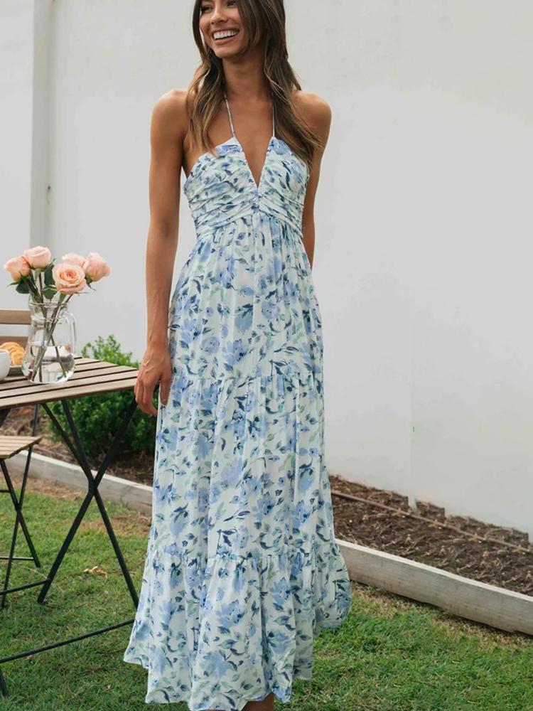 Sue Çiçek Baskılı Halter Yaka Uzun Sundress Siaora