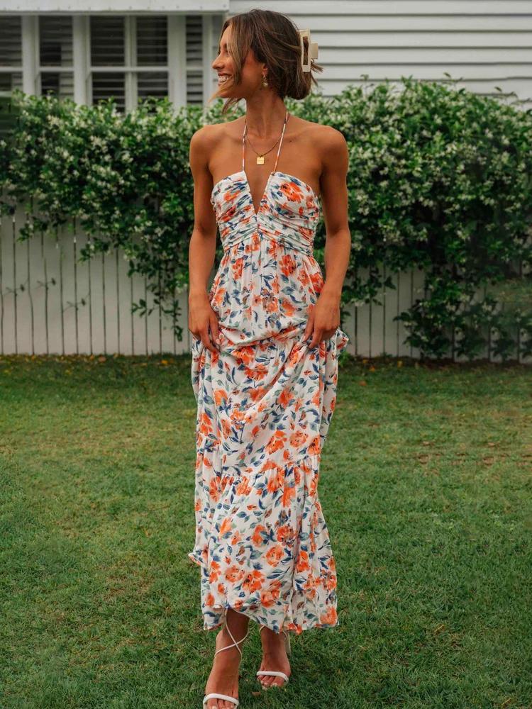 Sue Çiçek Baskılı Halter Yaka Uzun Sundress Siaora