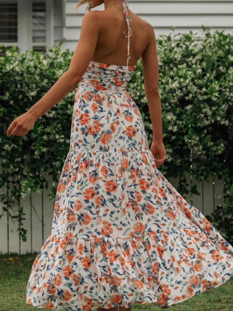 Sue Çiçek Baskılı Halter Yaka Uzun Sundress Siaora