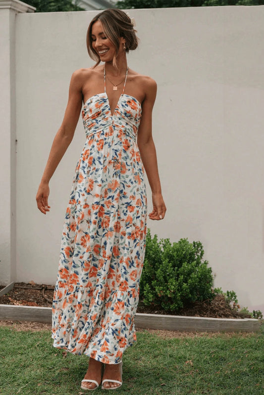 Sue Çiçek Baskılı Halter Yaka Uzun Sundress Siaora