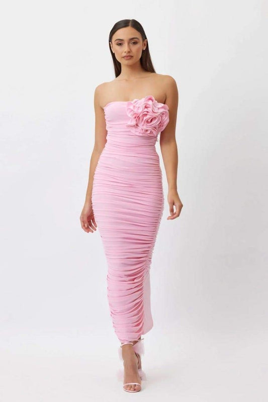 Tina Flower Straplez Midi Elbise Niebbla
