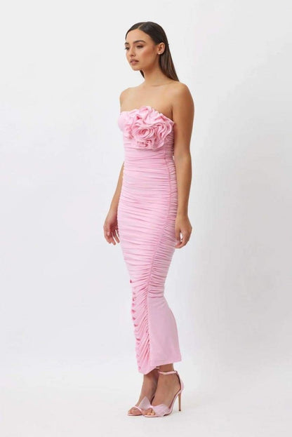 Tina Flower Straplez Midi Elbise Niebbla