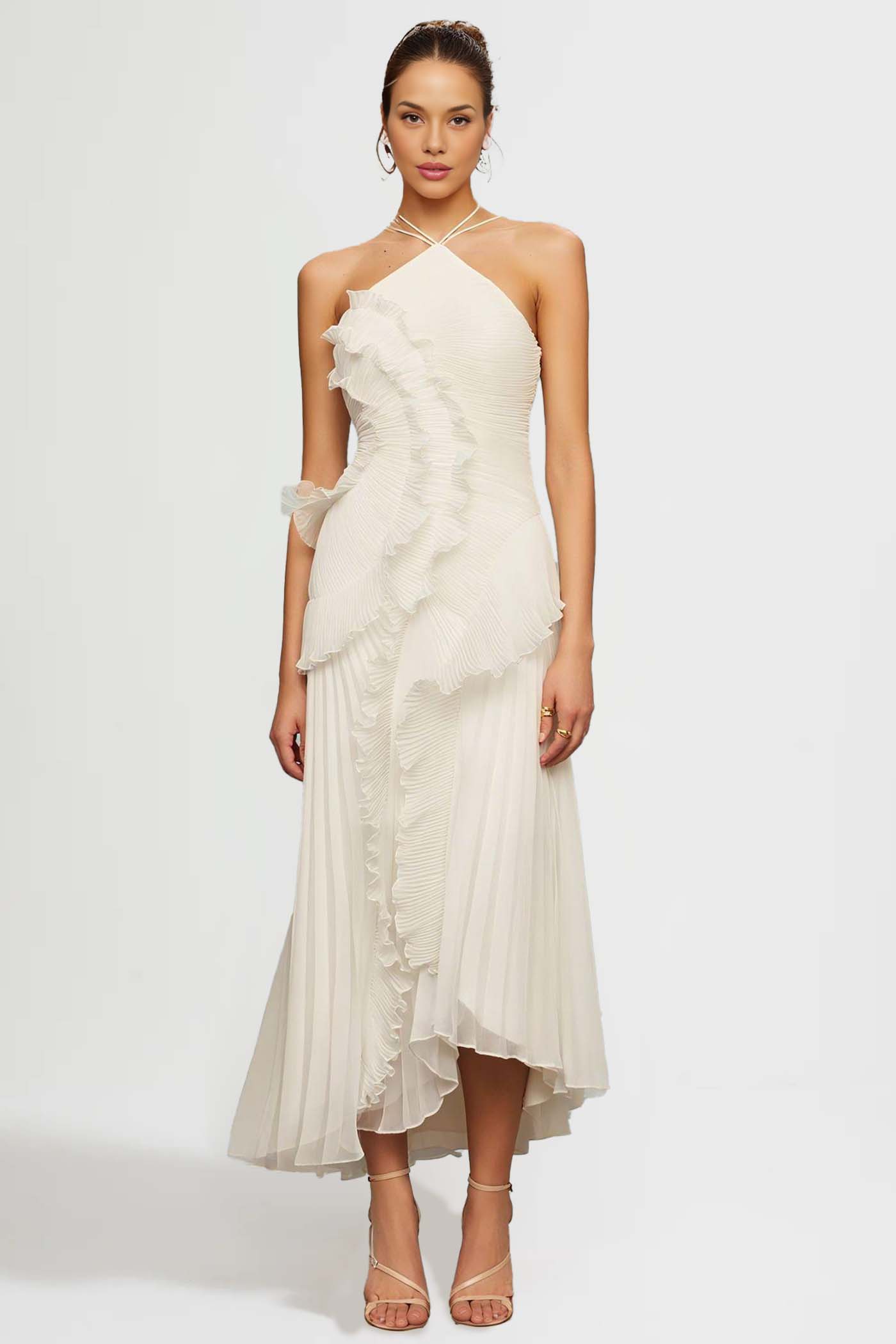 Fırfır Detaylı Pileli Halter Midi Elbise Siaora