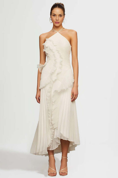 Fırfır Detaylı Pileli Halter Midi Elbise Siaora