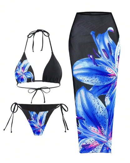 Çiçek Desenli Halter Kravat Sırtlı Bikini-Pareo Niebbla